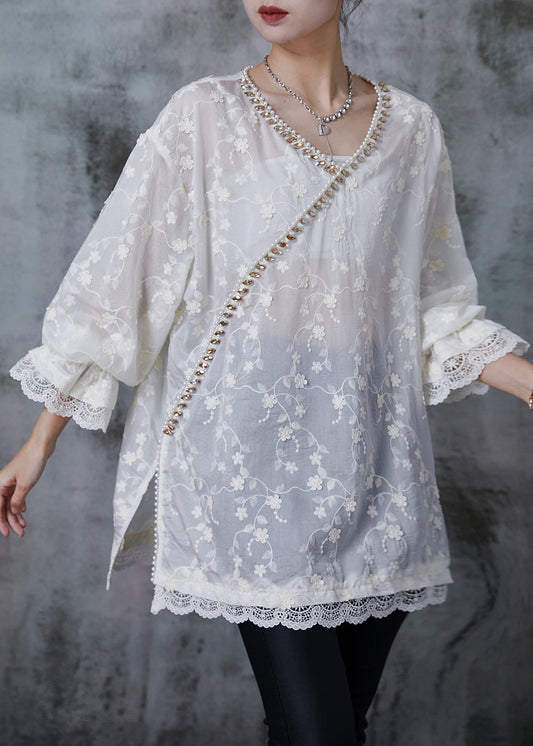 White Embroidered Zircon Cotton Shirt Tops Summer