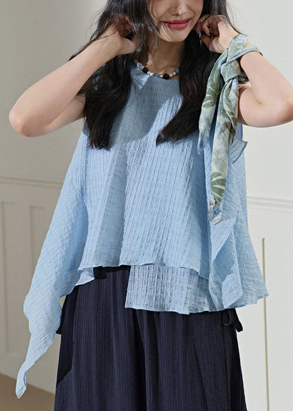 New Light Blue Asymmetrical Cotton Top Sleeveless