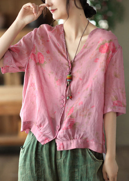 Italian Pink Flowers V Neck Print Button Linen Top Half Sleeve