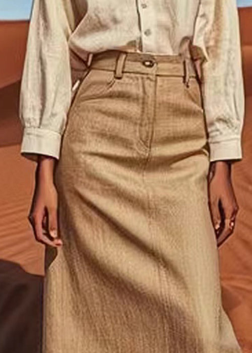 Khaki High Waist Linen a Line Skirts Summer