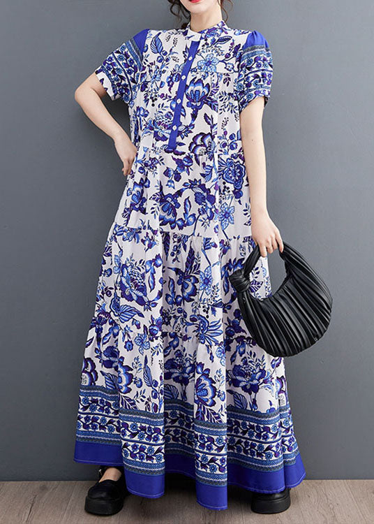 Blue Print Stand Collar Chiffon Long Dress Lantern Sleeve