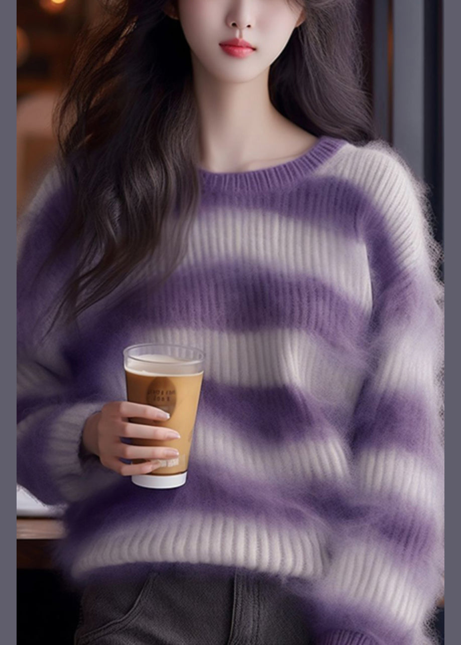Purple Striped Cozy Ma Hai Mao Sweaters Fall