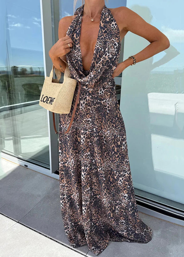 Summer Purple Print Sleeveless Dress Backless Hanging Neck
