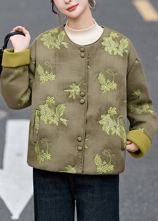 New Green O Neck Embroidered Fine Cotton Filled Jackets Winter