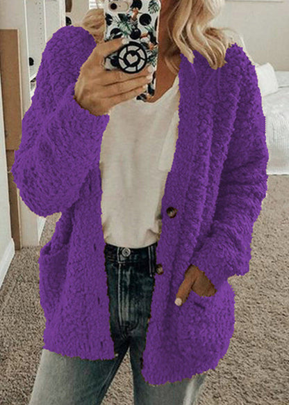 Red Pockets Button Woolen Loose Coat Fall