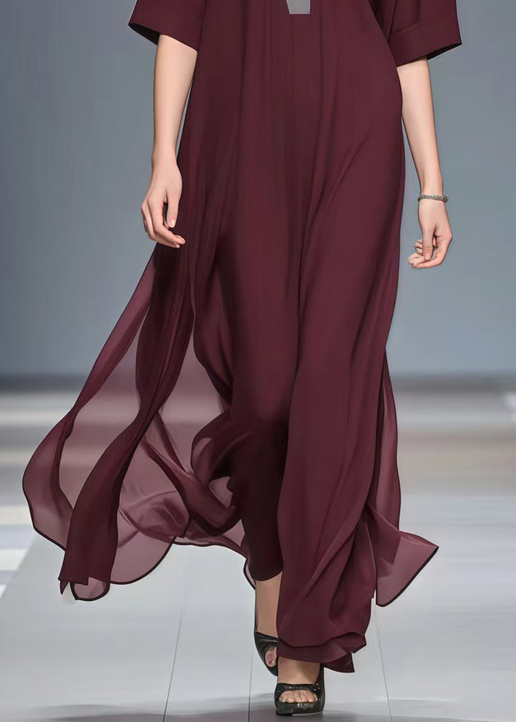 Mulberry V Neck Patchwork Chiffon Long Dress Summer