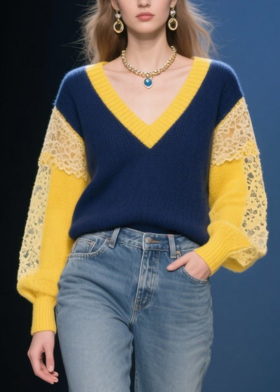 Navy Hollow Out Patchwork Lace Short Sweater Fall