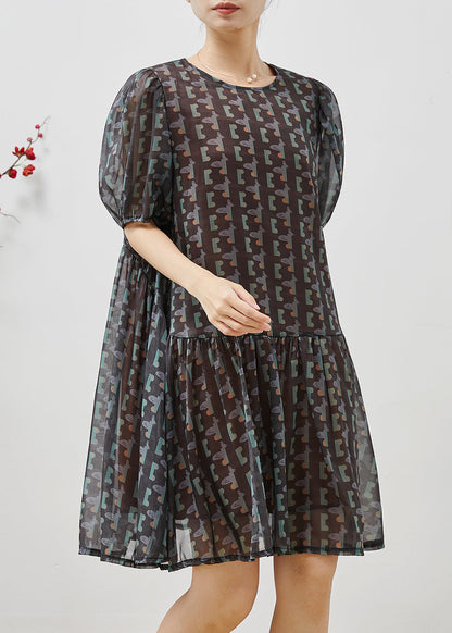 Black Puff Sleeve Print Chiffon Holiday Dress