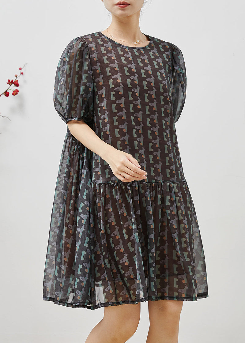 Black Puff Sleeve Print Chiffon Holiday Dress