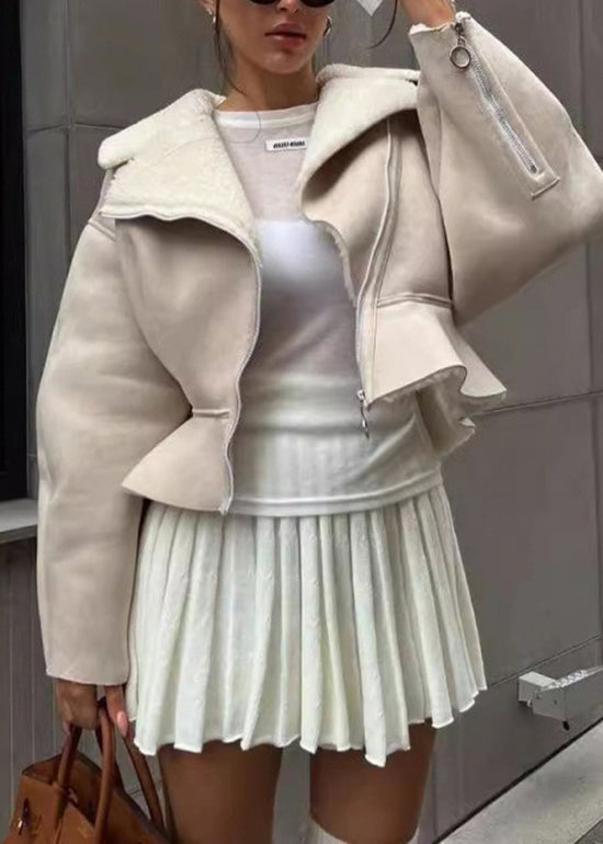 Italian Beige Peter Pan Collar Zippered Fleece Wool Lined Short Coats Winter