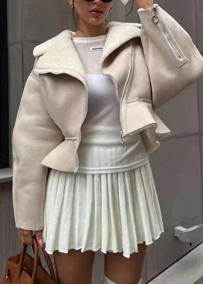 Italian Beige Peter Pan Collar Zippered Fleece Wool Lined Short Coats Winter