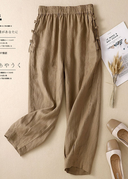 Simple Khaki Elastic Waist Oriental Button Color Linen Harem Pants Trousers Summer