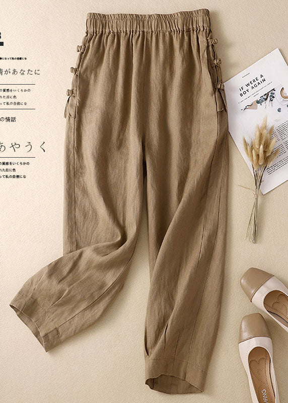 Simple Khaki Elastic Waist Oriental Button Color Linen Harem Pants Trousers Summer