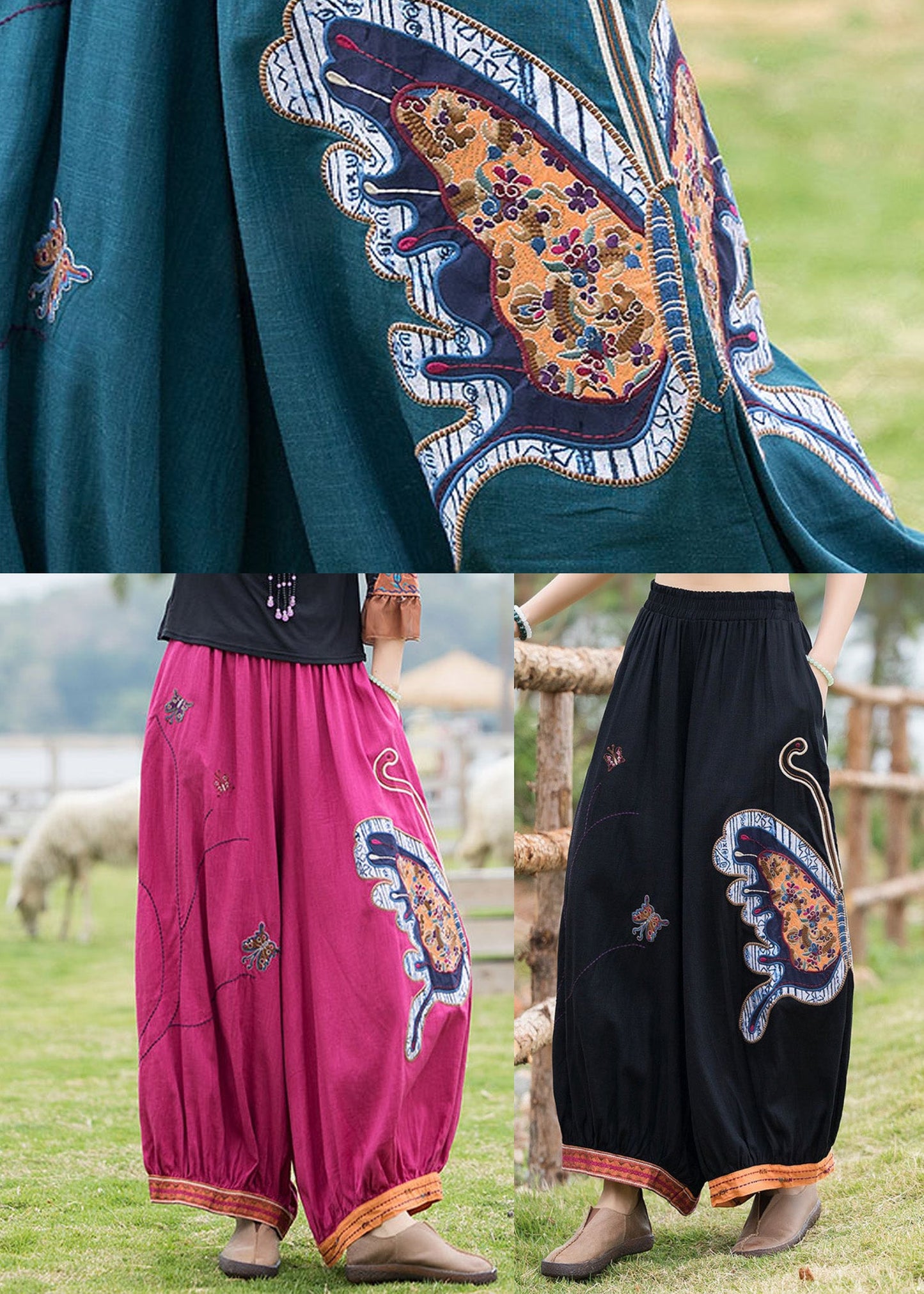 French Rose Embroidered Linen Harem Pants