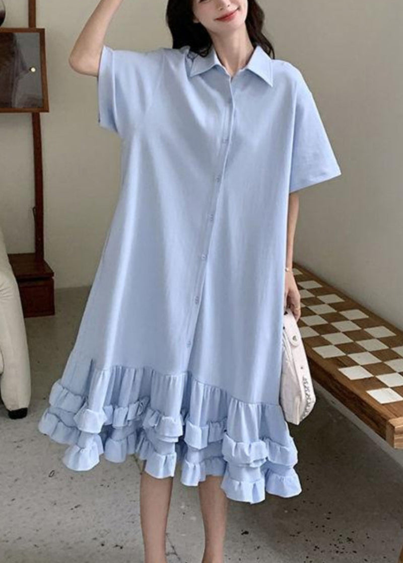 Blue Peter Pan Collar Ruffled Patchwork Maxi Dress Short Sleeve