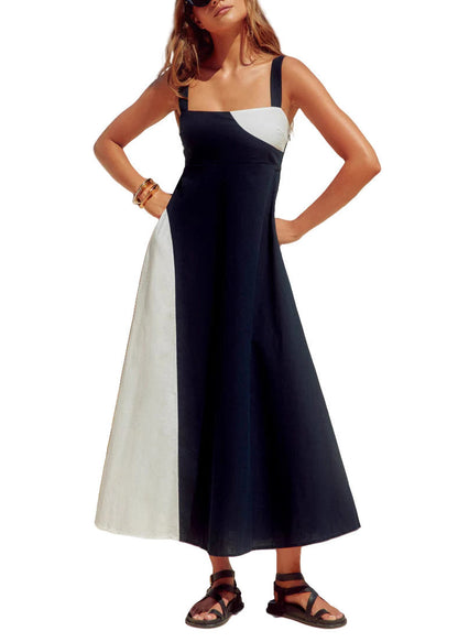 Holiday Style Navy Patchwork Cotton Spaghetti Strap Dresses Summer