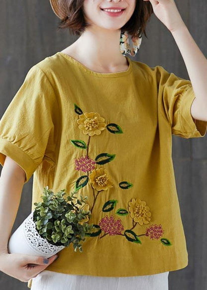 Yellow Half Sleeve Cotton Linen Summer Top