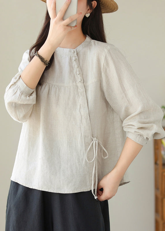 Linen Stand Collar Lace Up Cotton Shirt Top Spring