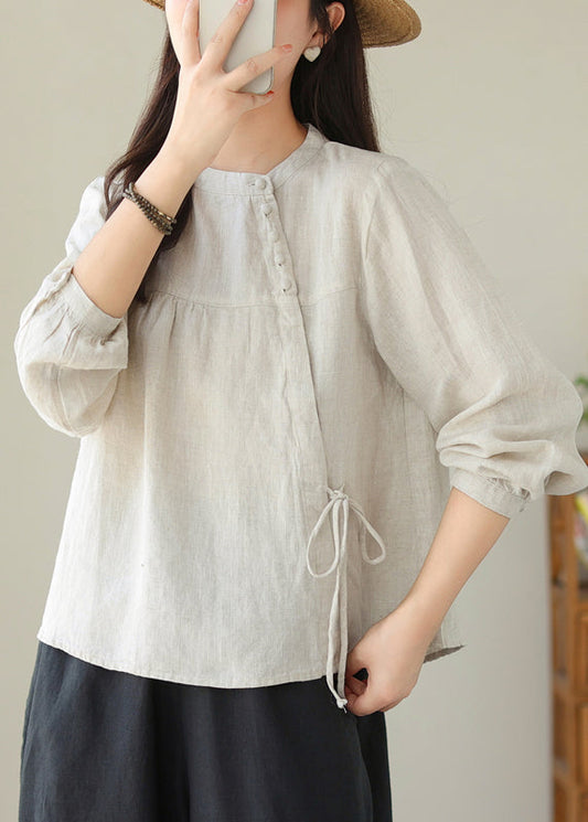 Linen Stand Collar Lace Up Cotton Shirt Top Spring