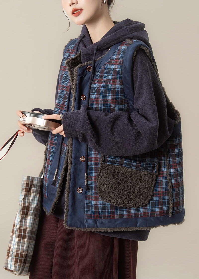 Blue Plaid O-neck Pockets Warm Faux Fur Waistcoat Winter