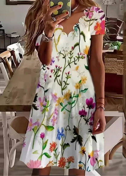 V Neck Print Cotton Loose Dress Summer