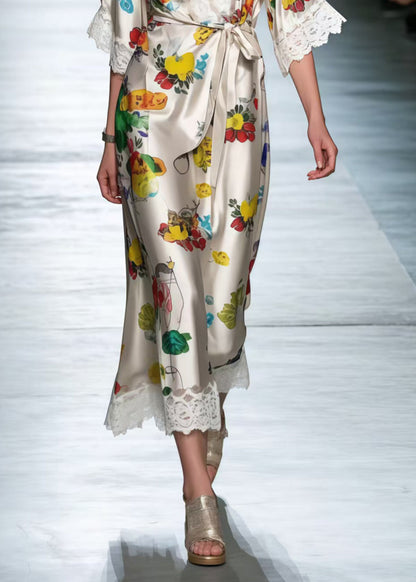 Style Tie Waist Patchwork Lace Silk Vacation Dresses Summer