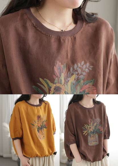 Chocolate Print Linen Tank Tops O-neck Oversized Short Sleeve