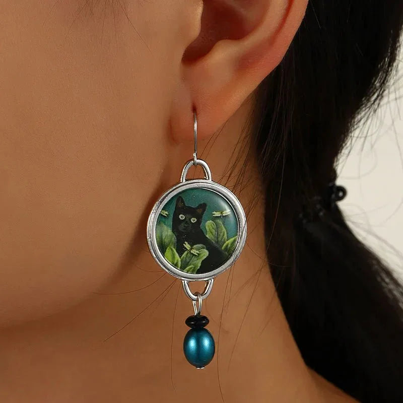 Tropical Black Cat Dangle Earrings