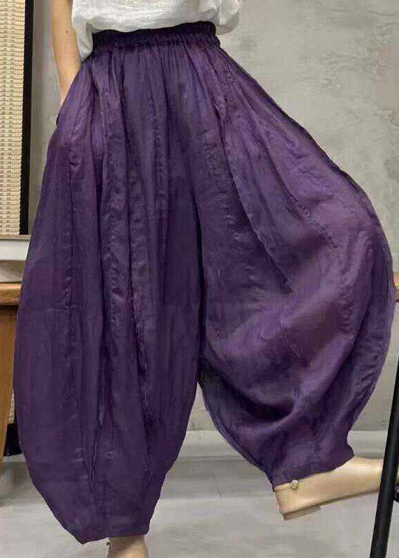 Khaki Pockets Patchwork Elastic Waist Linen Wide Leg Pants