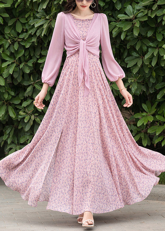 Pink Print Chiffon Cardigan and Slip Dress Two Pieces Set Spring