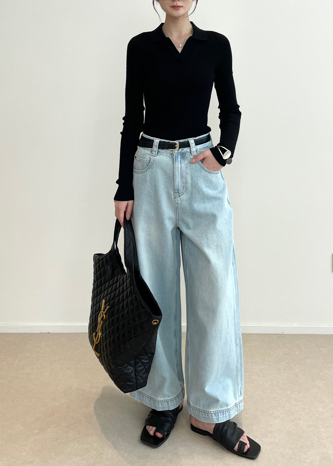 Black V Neck Silm Fit Knit Tops Spring
