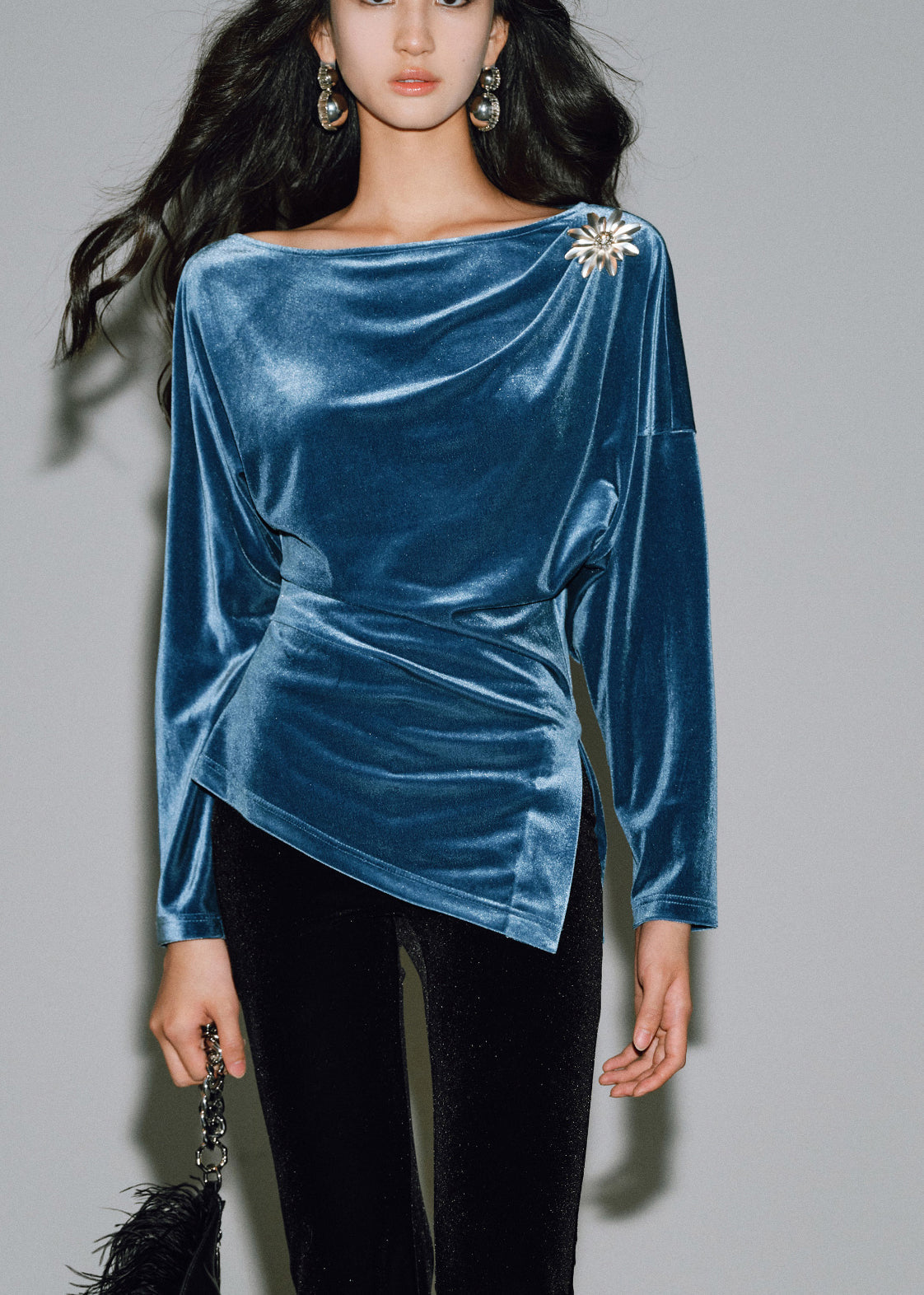 Peacock Blue O-neck Asymmetrical Silk Velour Tops Long Sleeve