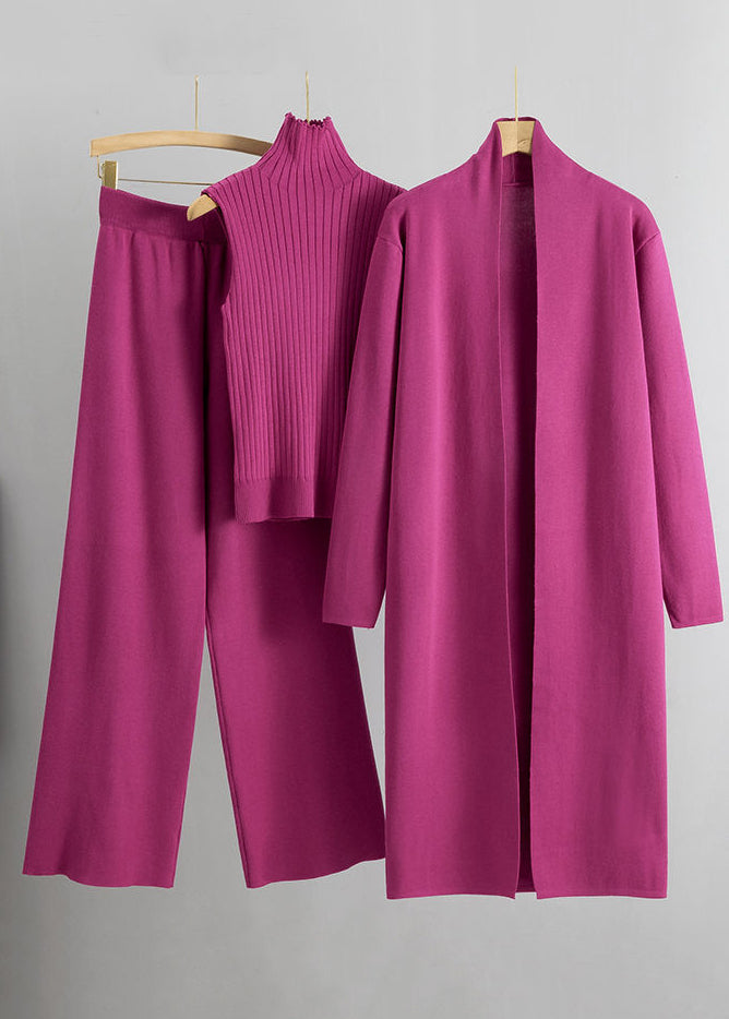 Autumn New Caramel Knitted Cardigan and High Neck Sweater and Wide Leg Pants Three Piece Set
