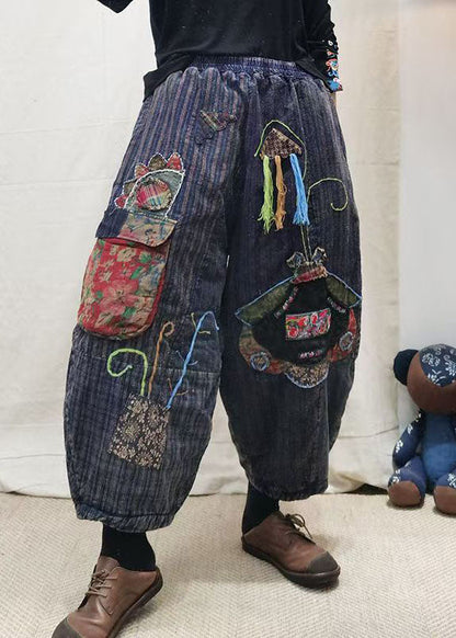 Blue Embroidered Patchwork Fine Cotton Filled Pants Winter