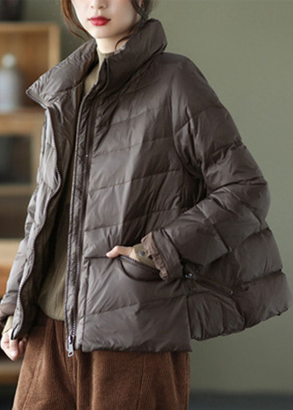 Grey Stand Collar Pockets Design Winter Thick Down Coats