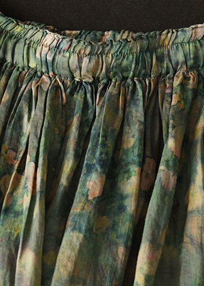 Green Wrinkled Pockets Patchwork Linen Skirts Summer