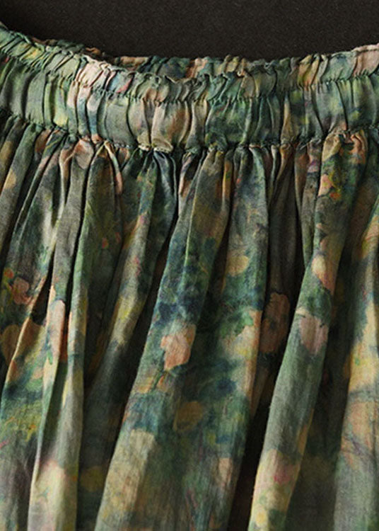 Green Wrinkled Pockets Patchwork Linen Skirts Summer
