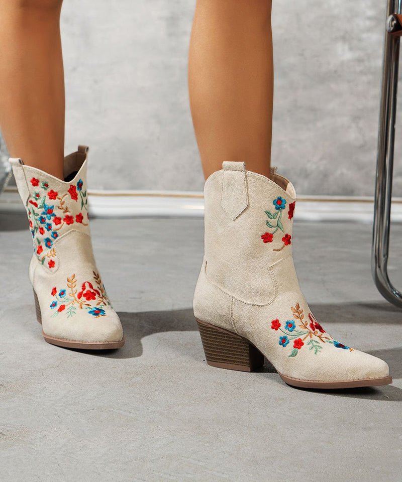 White Embossed Boots Suede Pointed Toe Ankle Boots