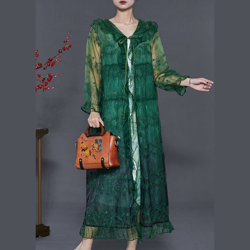 Green Organza Upf 50+ Cardigans Embroidered Ruffled Summer