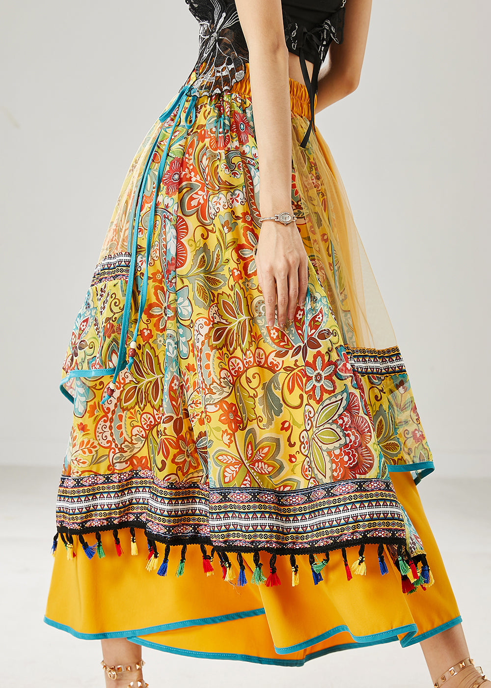 Yellow Tasseled Patchwork Tulle Skirt Summer