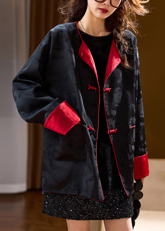 Black Pockets Button Jacquard Wear on Both Sides Silk Coats Fall