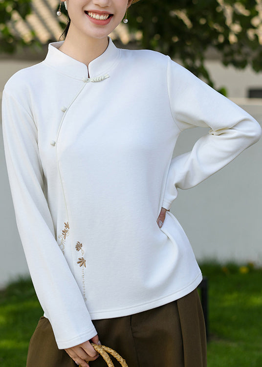 Chinese Style White Stand Collar Embroideried Cotton T Shirts Spring