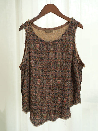 Retro Worn Irregular Hem Geometric Vest