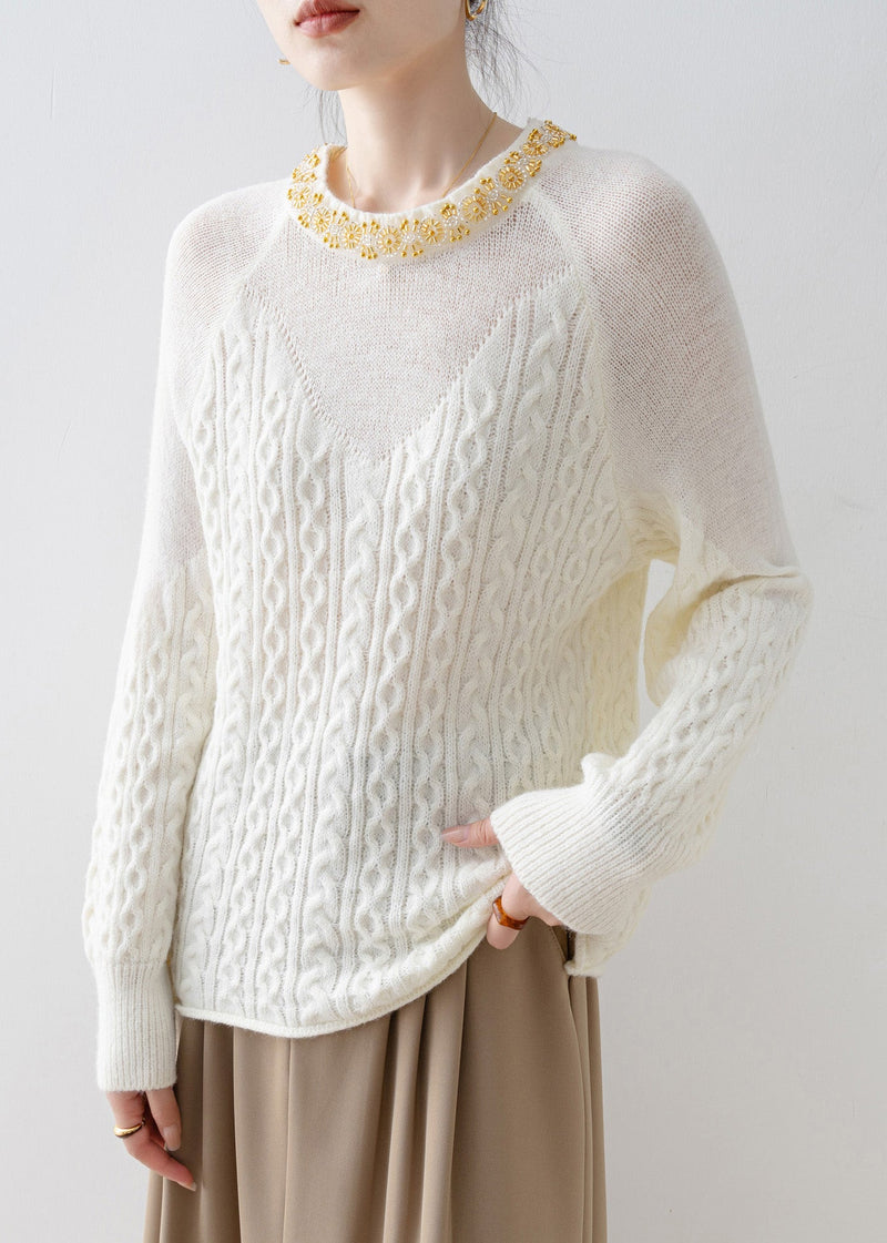 Unique White O Neck Nail Bead Knit Sweaters Spring