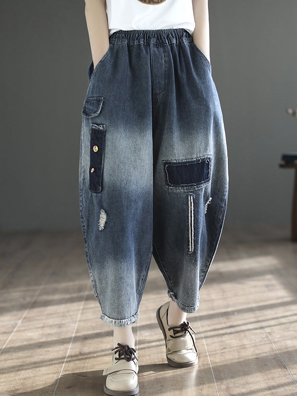 Hollow Elasticity Applique Denim Ninth Pants