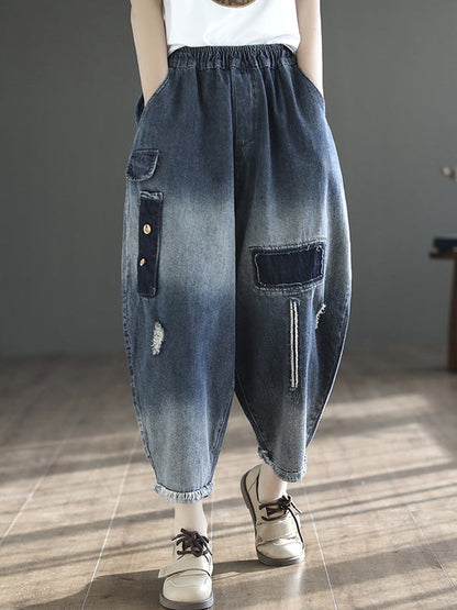Hollow Elasticity Applique Denim Ninth Pants