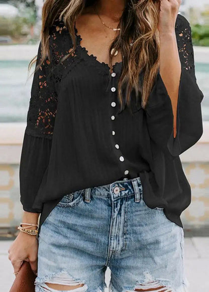 Black Hollow Out Tops V Neck Fall