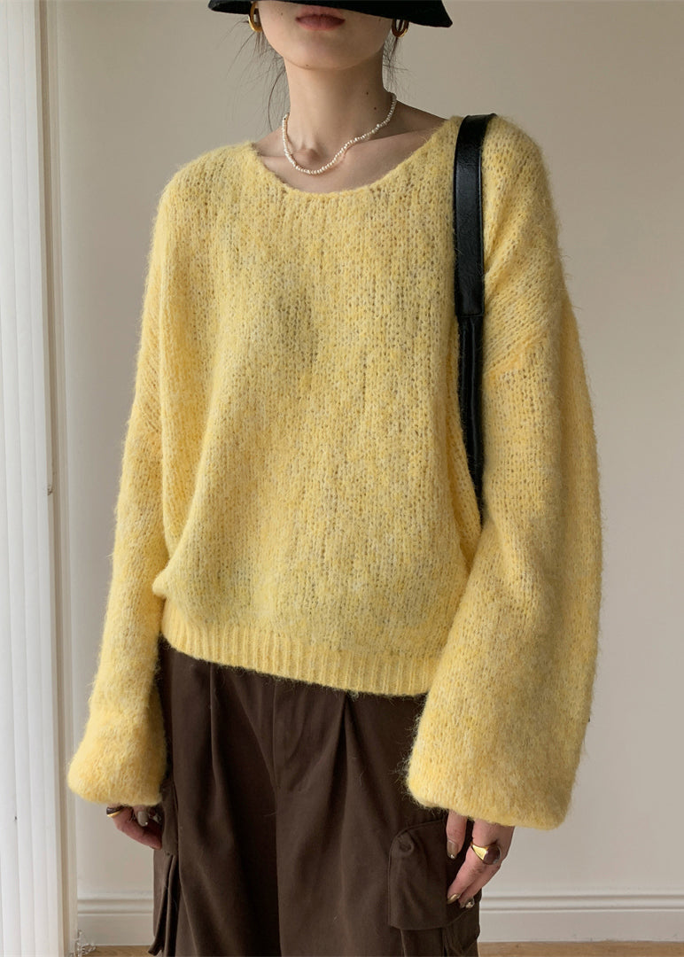 Yellow Cotton Knit Pullover Sweater V Neck Winter