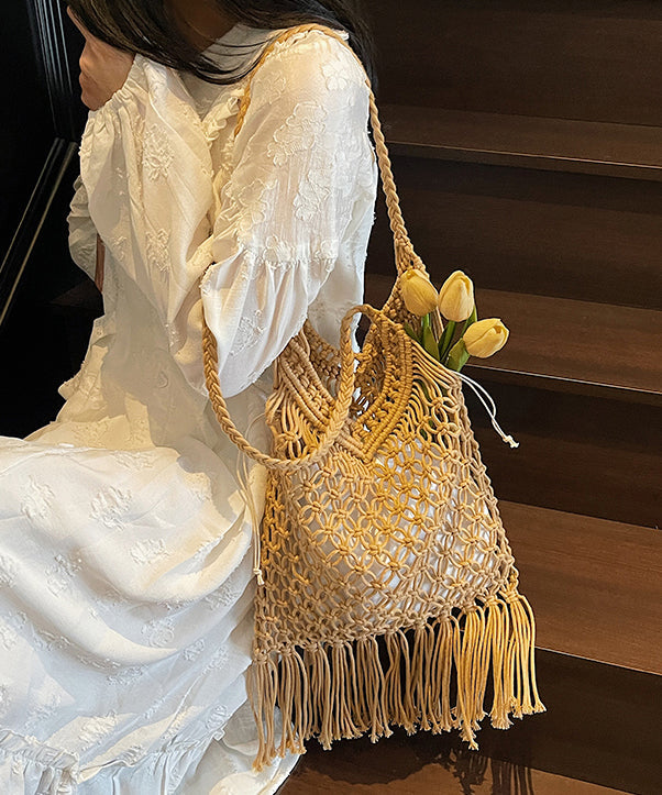 Khaki Tasseled Hollow Out Knit Shoulder Bags