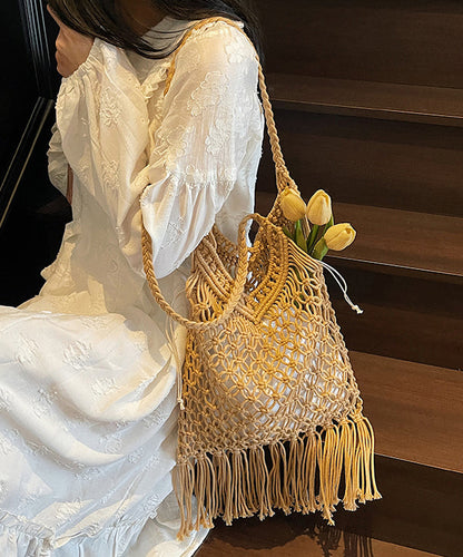 Khaki Tasseled Hollow Out Knit Shoulder Bags
